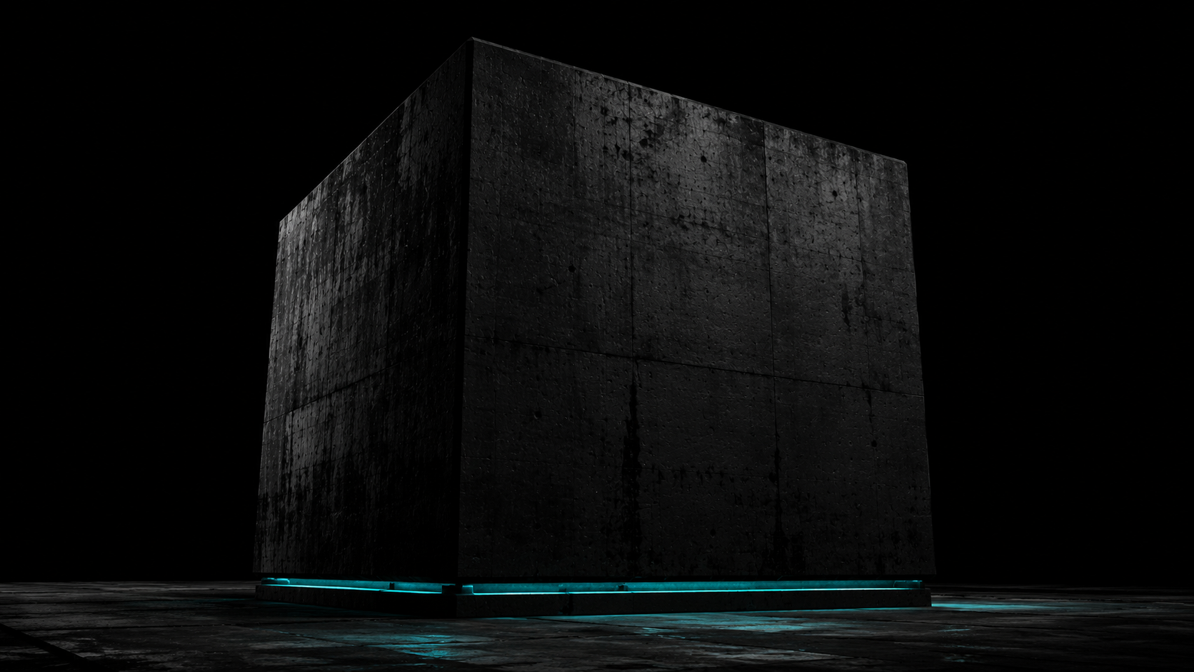 A dark concrete cube floating in black space, illuminated by a thin cyan line at its base.